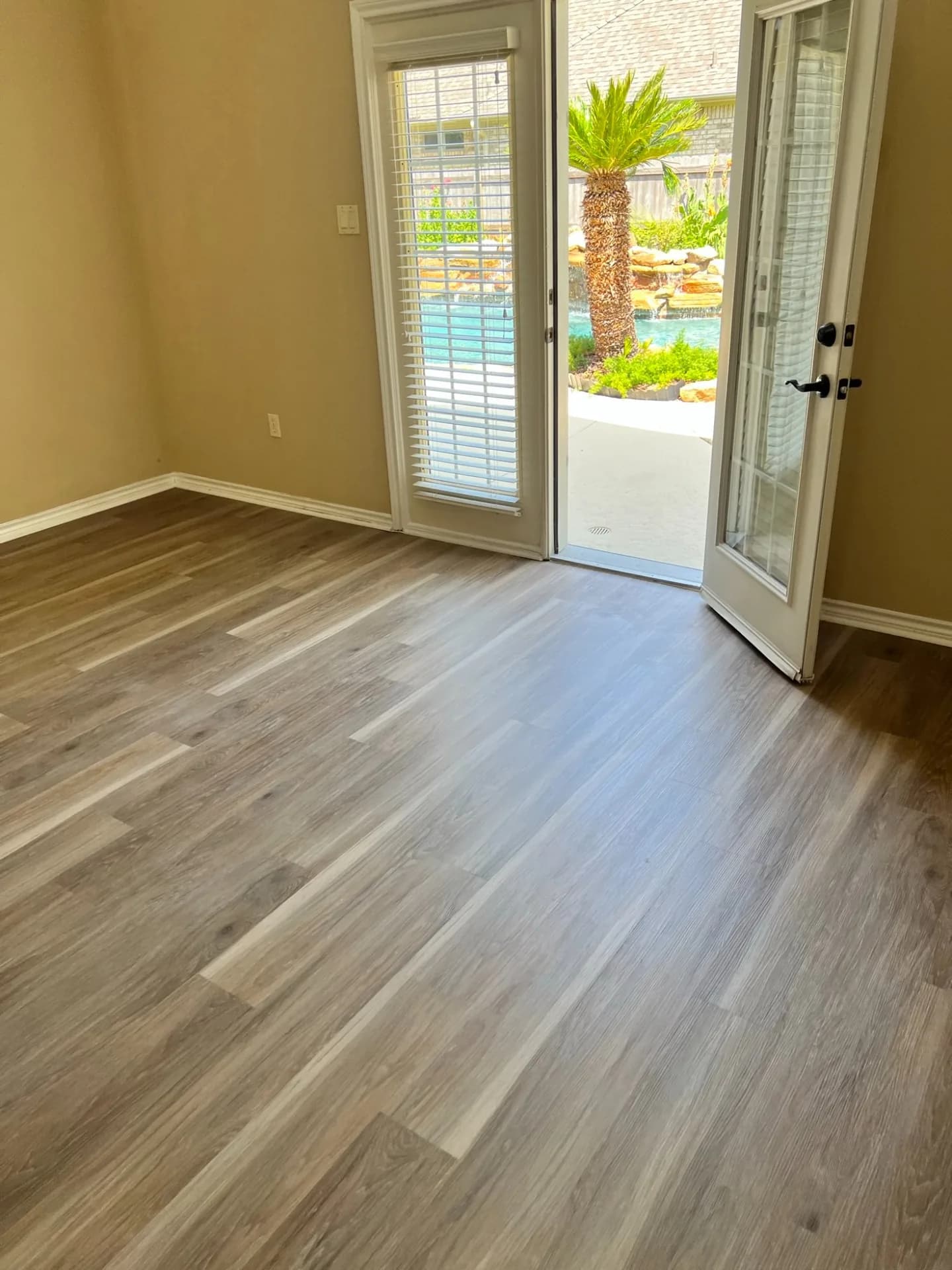 LVP flooring in a warm gray colorway